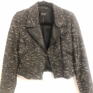 BCBG Black Tweed Moto Jacket with Leather lapels